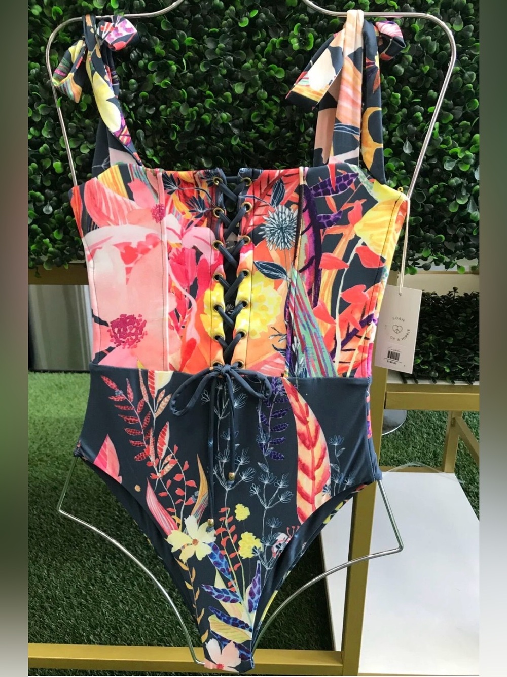 Floral Lace-Up One-Piece Swimsuit - Multicolor